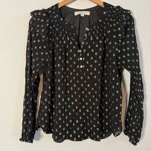 LOFT Black Shimmer Sheer  Patterned Blouse, Size S